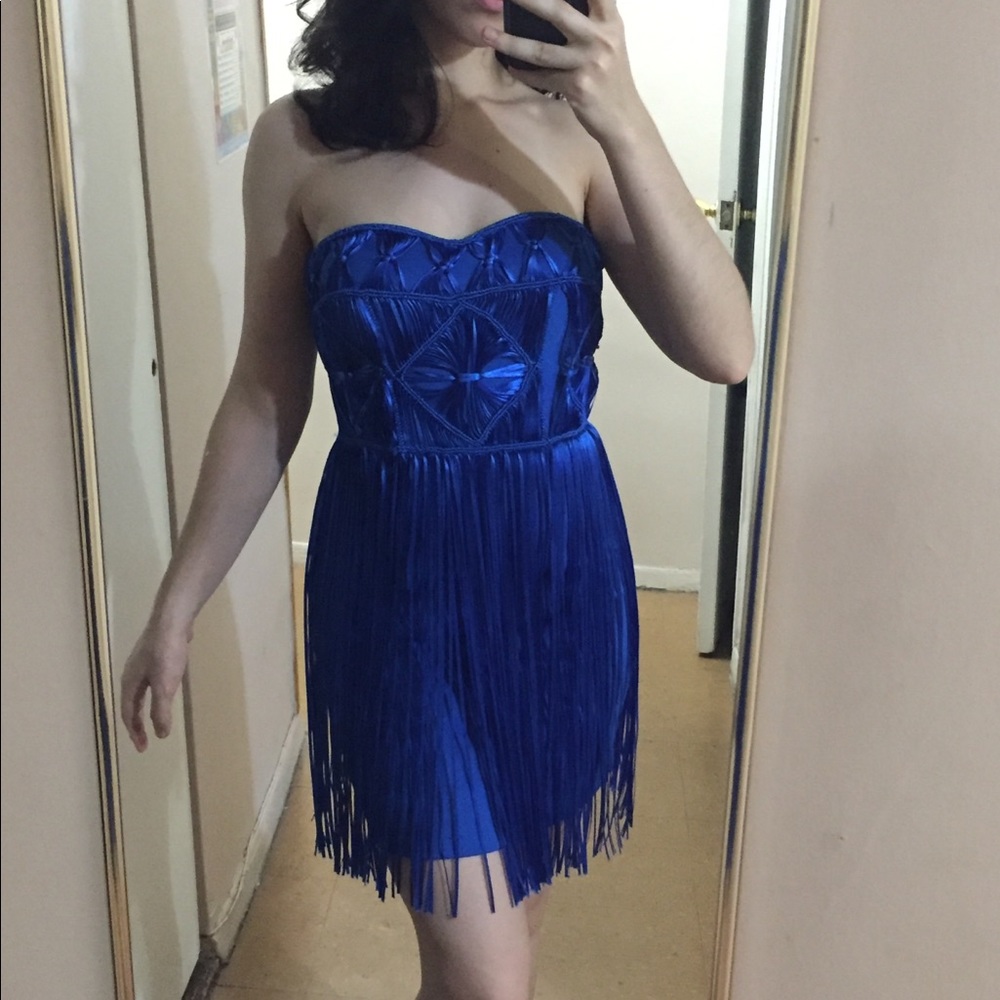 Bebe Strapless cobalt blue fringe dress
